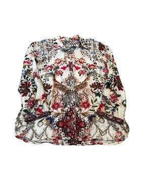 CIENNA Silk Button Up Blouse Floral Cherry Print Preppy Summer Office